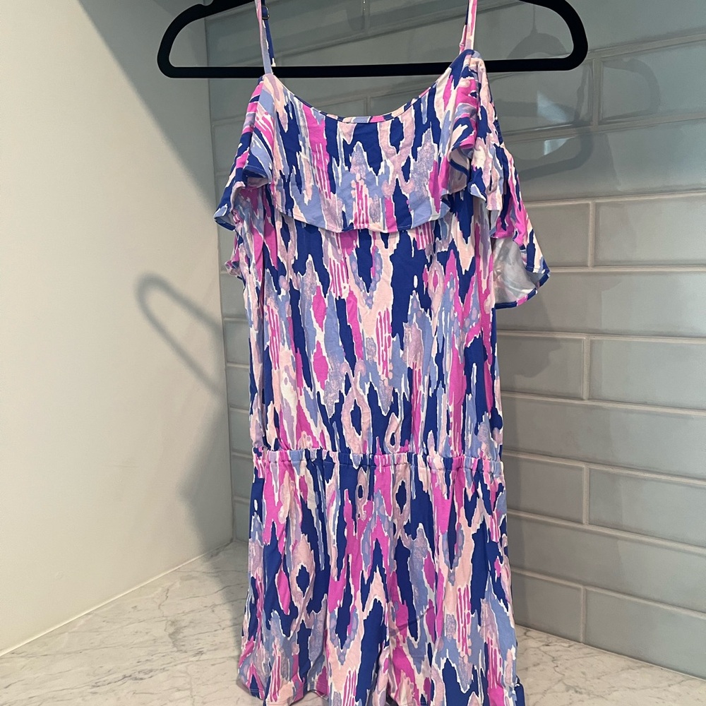 Lilly Pulitzer Pink Blue Purple Print Off-Shoulder Jumpsuit